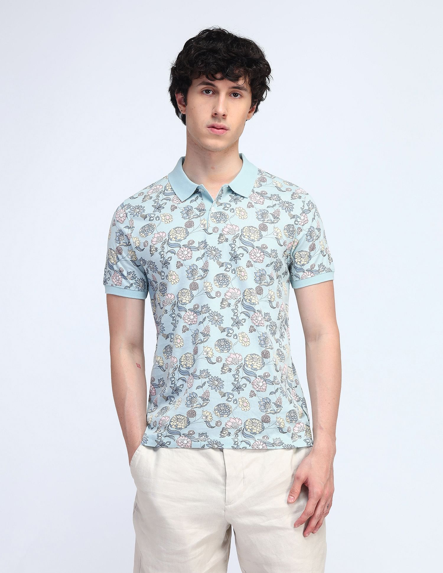 Flying Machine Floral Printed Cotton Polo Shirt