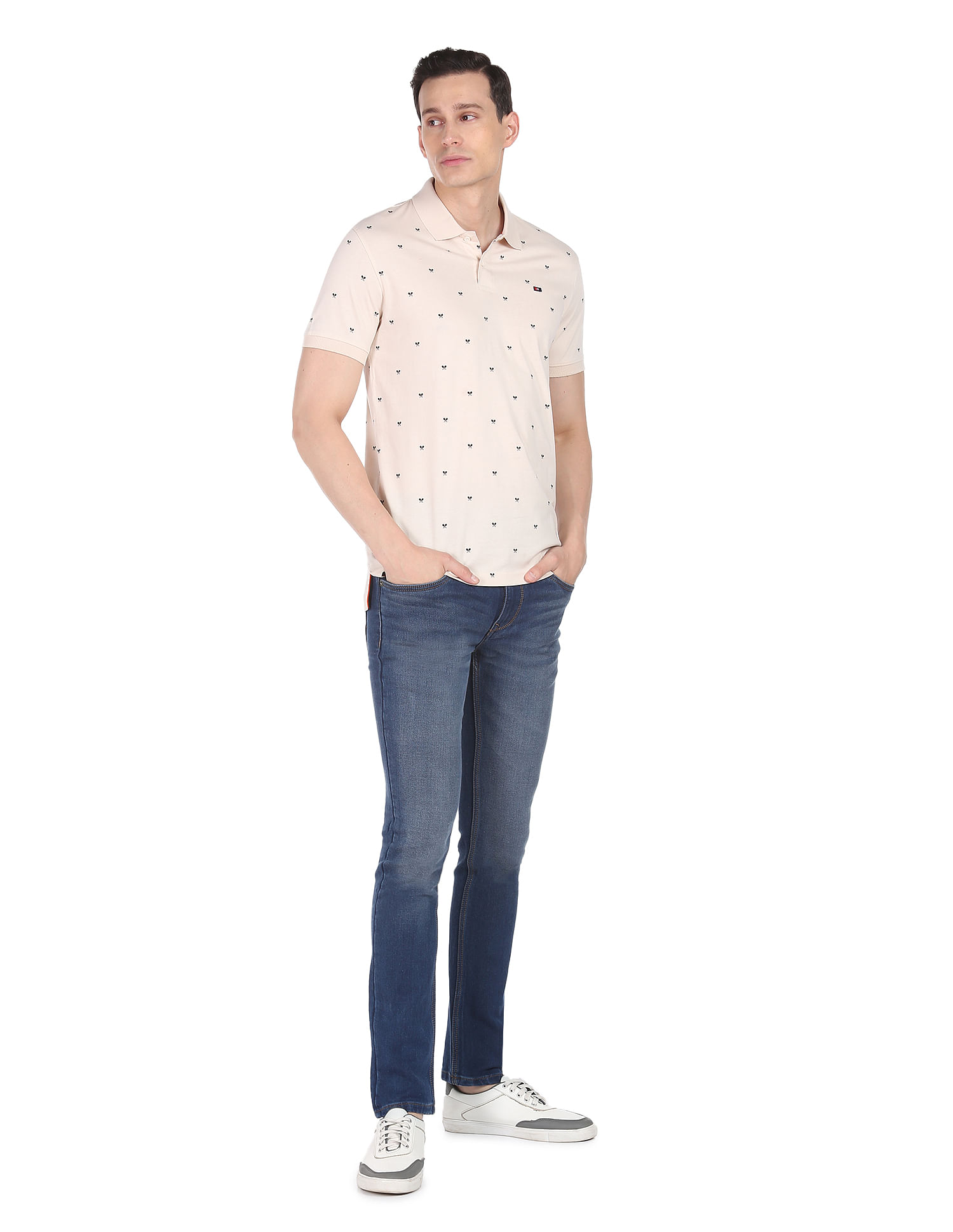 AD by Arvind Geometric Print Cotton Polo Shirt