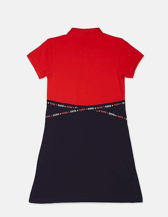 U.S. Polo Assn. Kids Girls Red And Navy Brand Tape Colour Block T-Shirt Dress