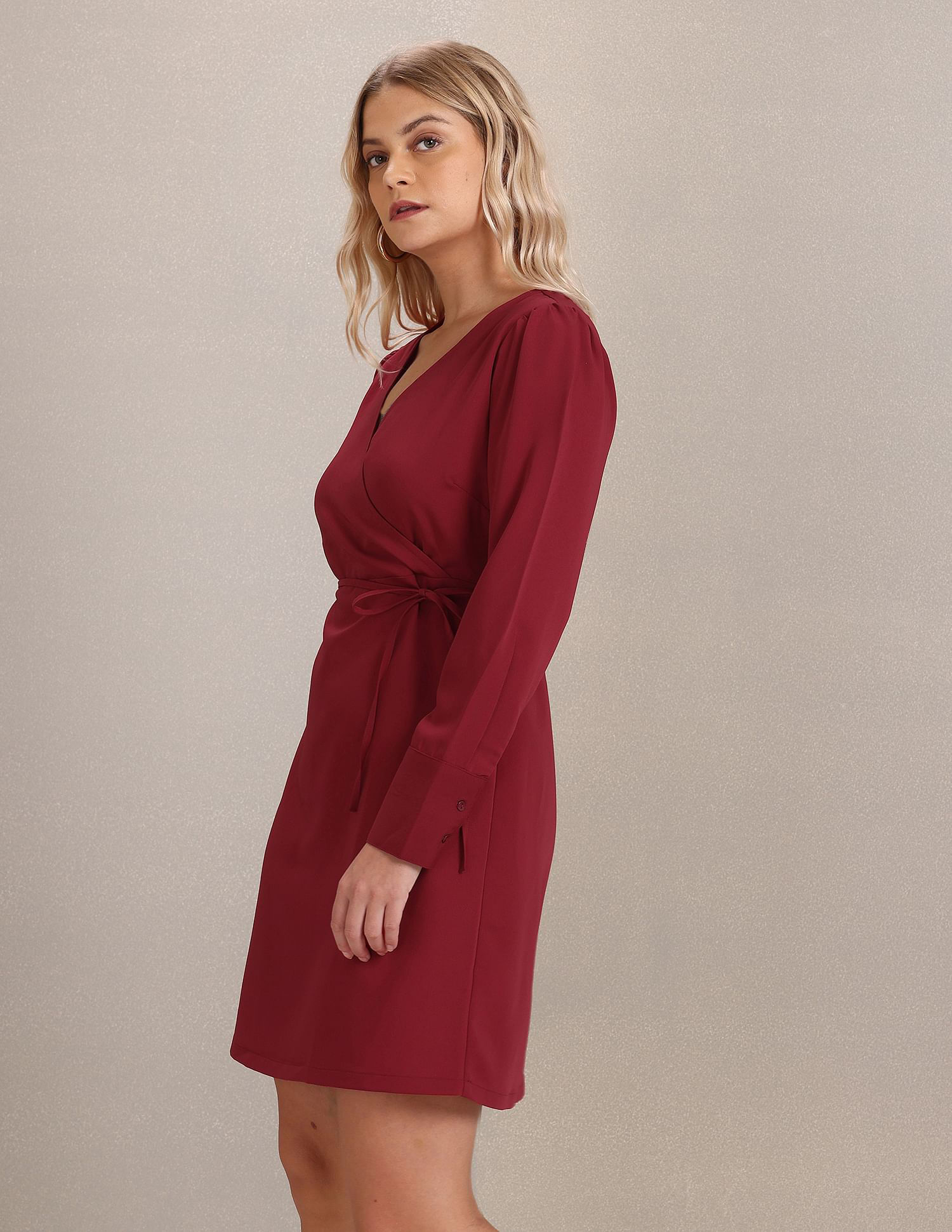 Buy Polo Women Surplice Neck Solid Fit And Flare Dress