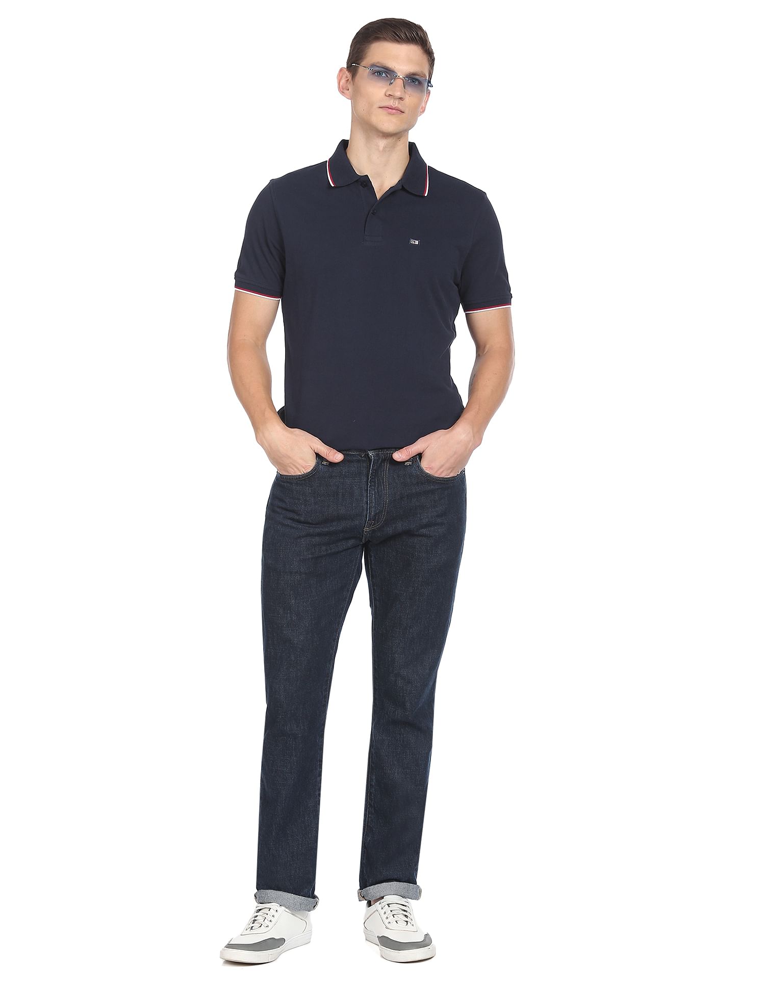 Arrow Sports Striped Collar Pique Cotton Solid Polo Shirt