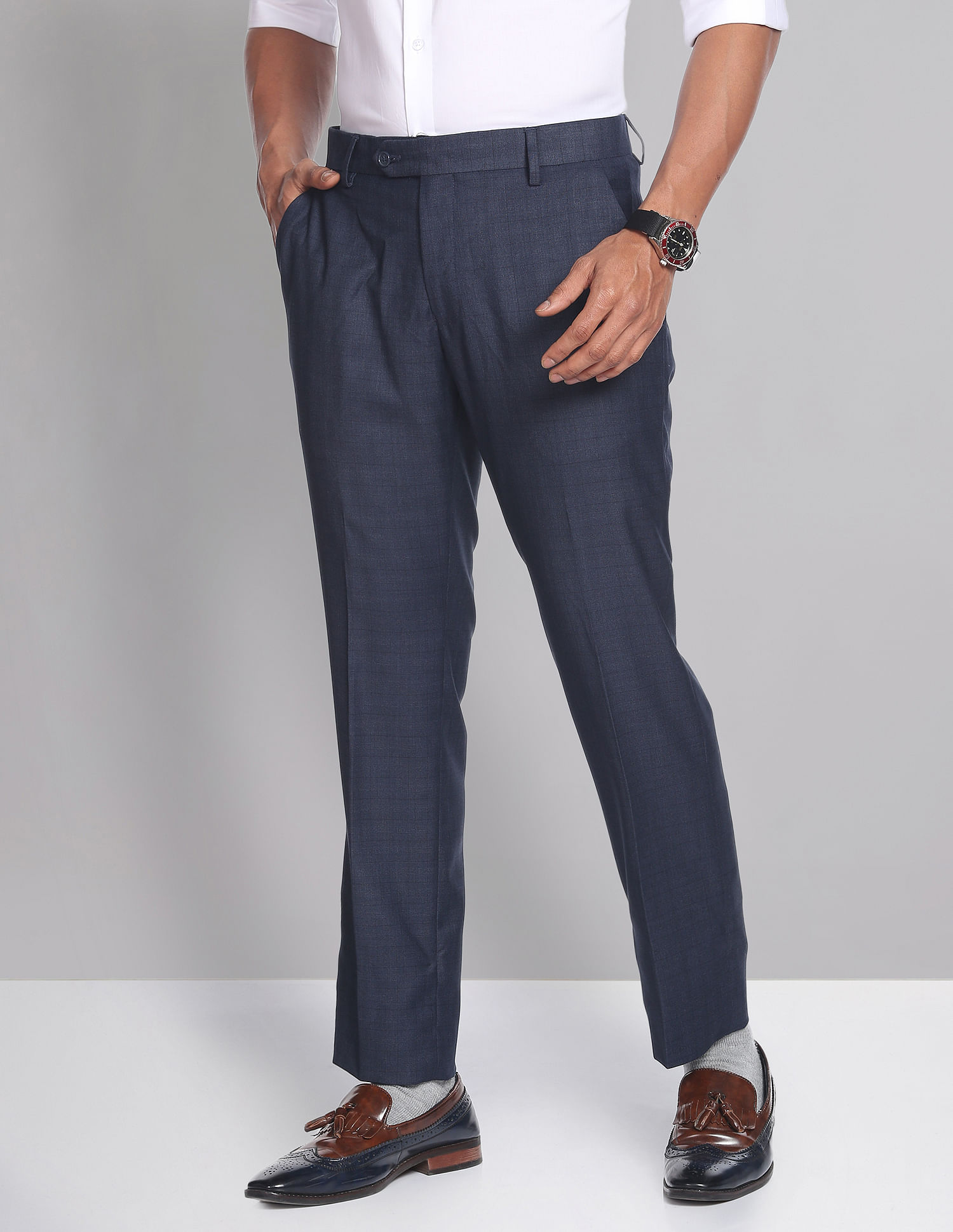 Jainish Mens Checked Formal Trousers