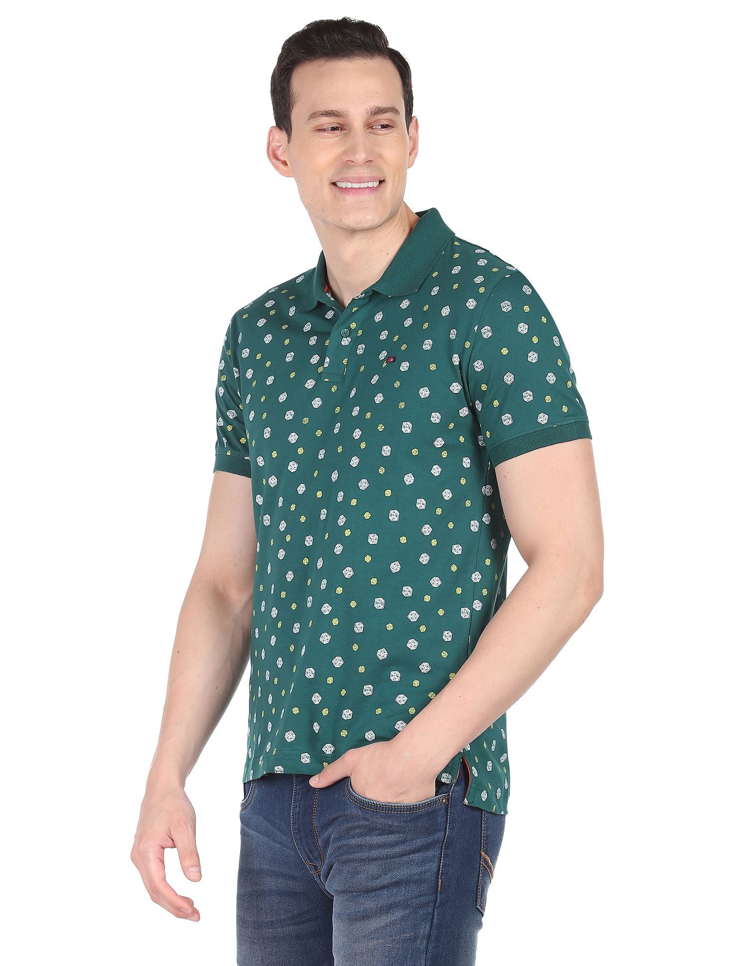 AD by Arvind Geometric Print Cotton Polo Shirt
