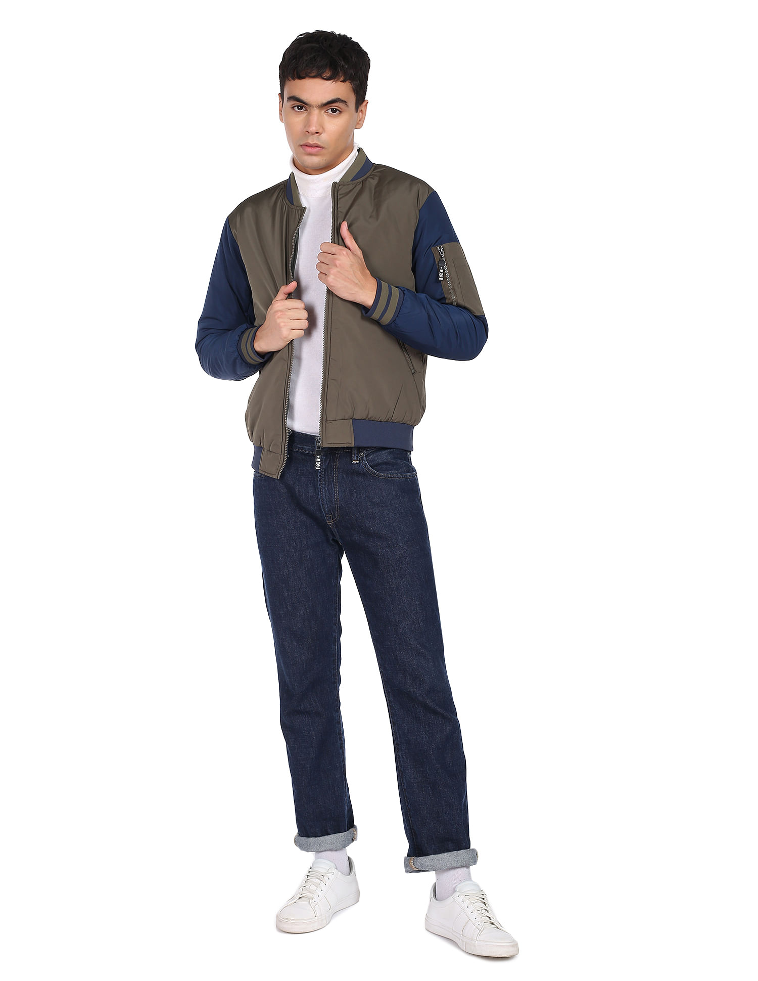 Flying Machine Stand Collar Colour Block Bomber Jacket