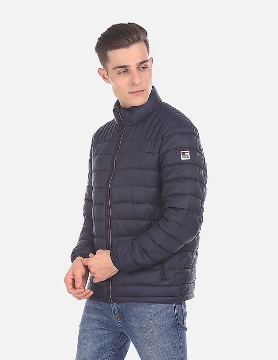 U.S. Polo Assn. Men Navy Stand Collar Quilted Jacket With Pouch