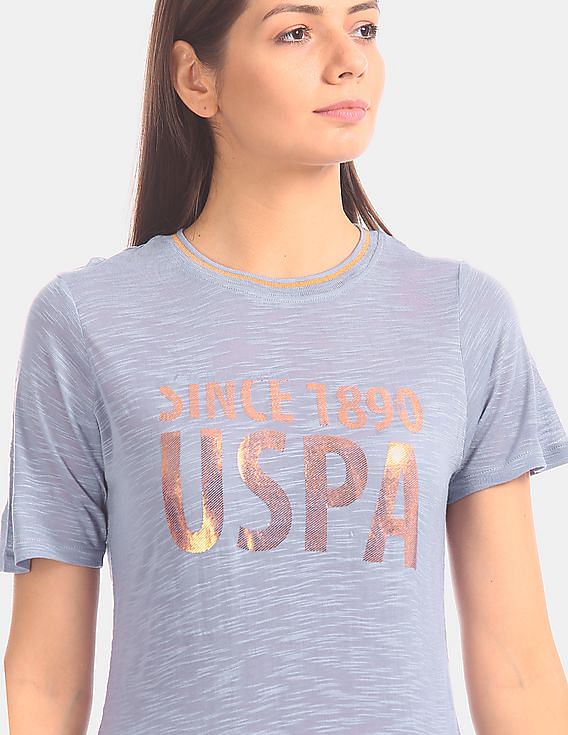 U.S. Polo Assn. Women Blue Slubbed Modal Jersey Printed T-Shirt