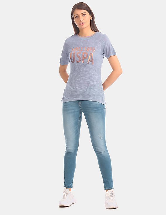 U.S. Polo Assn. Women Blue Slubbed Modal Jersey Printed T-Shirt
