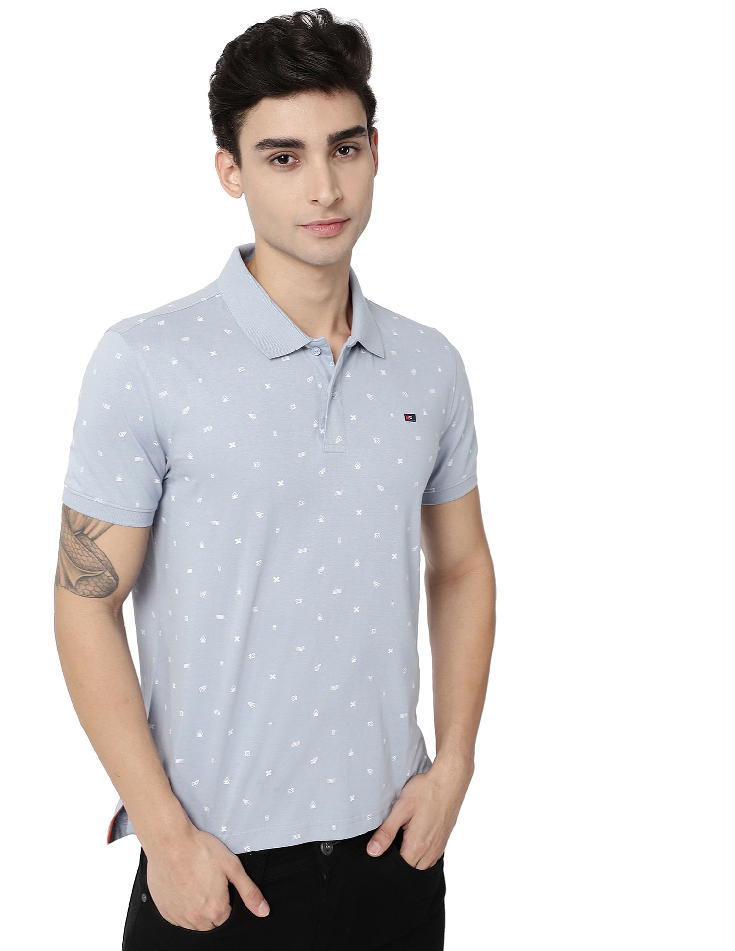 AD by Arvind Metallic Geometric Print Cotton Polo Shirt