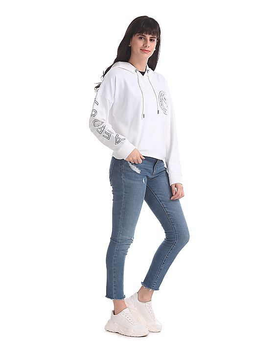 Aeropostale White Drawstring Hood Brand Print Sweatshirt