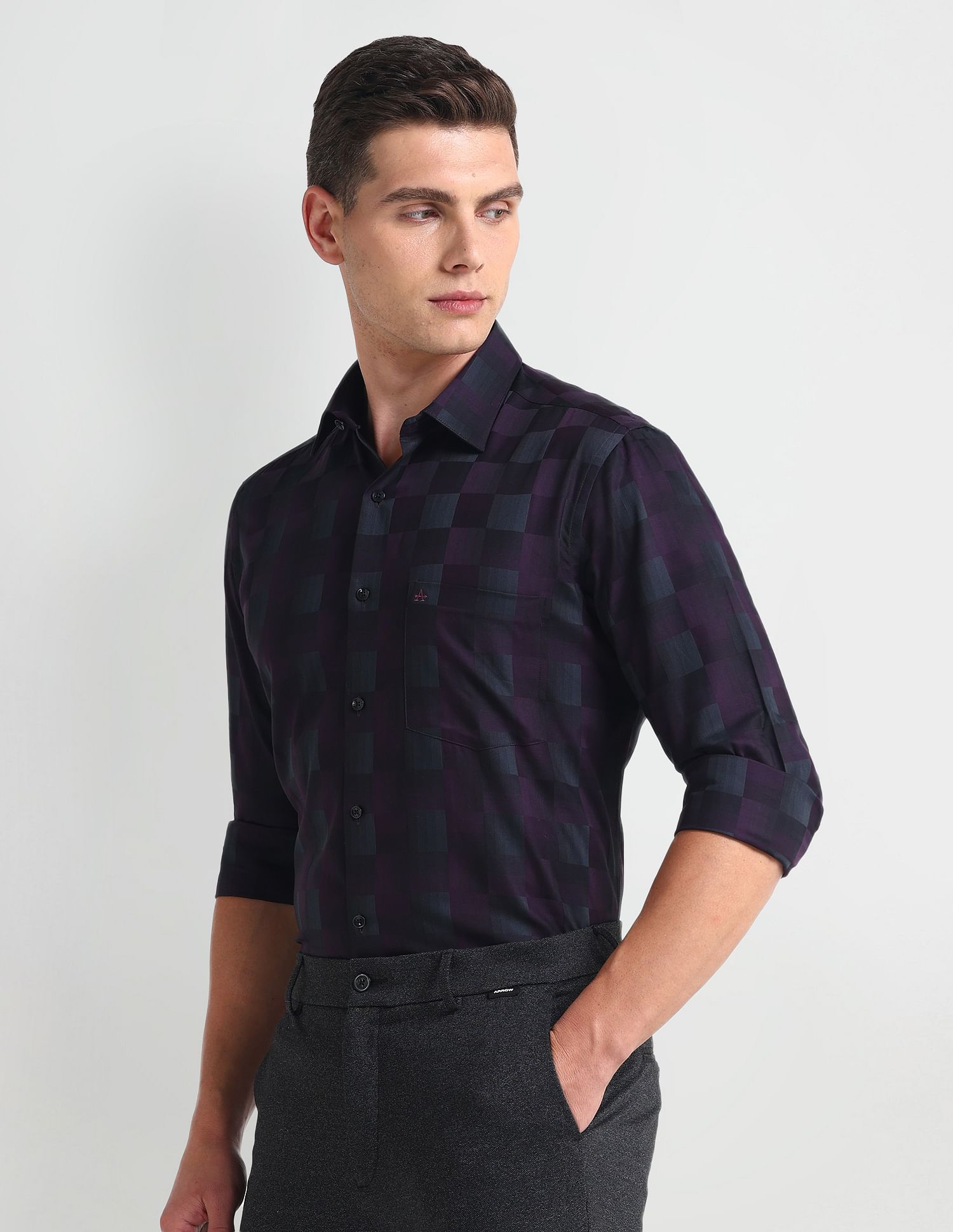 Arrow Textured Check Cutaway Collar Shirt