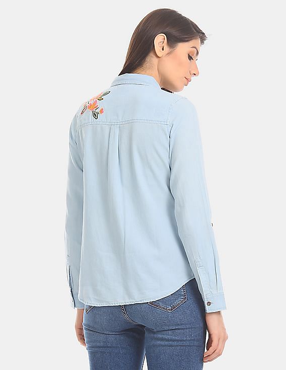 U.S. Polo Assn. Women Roll Up Sleeve Spread Collar Embroidered Shirt