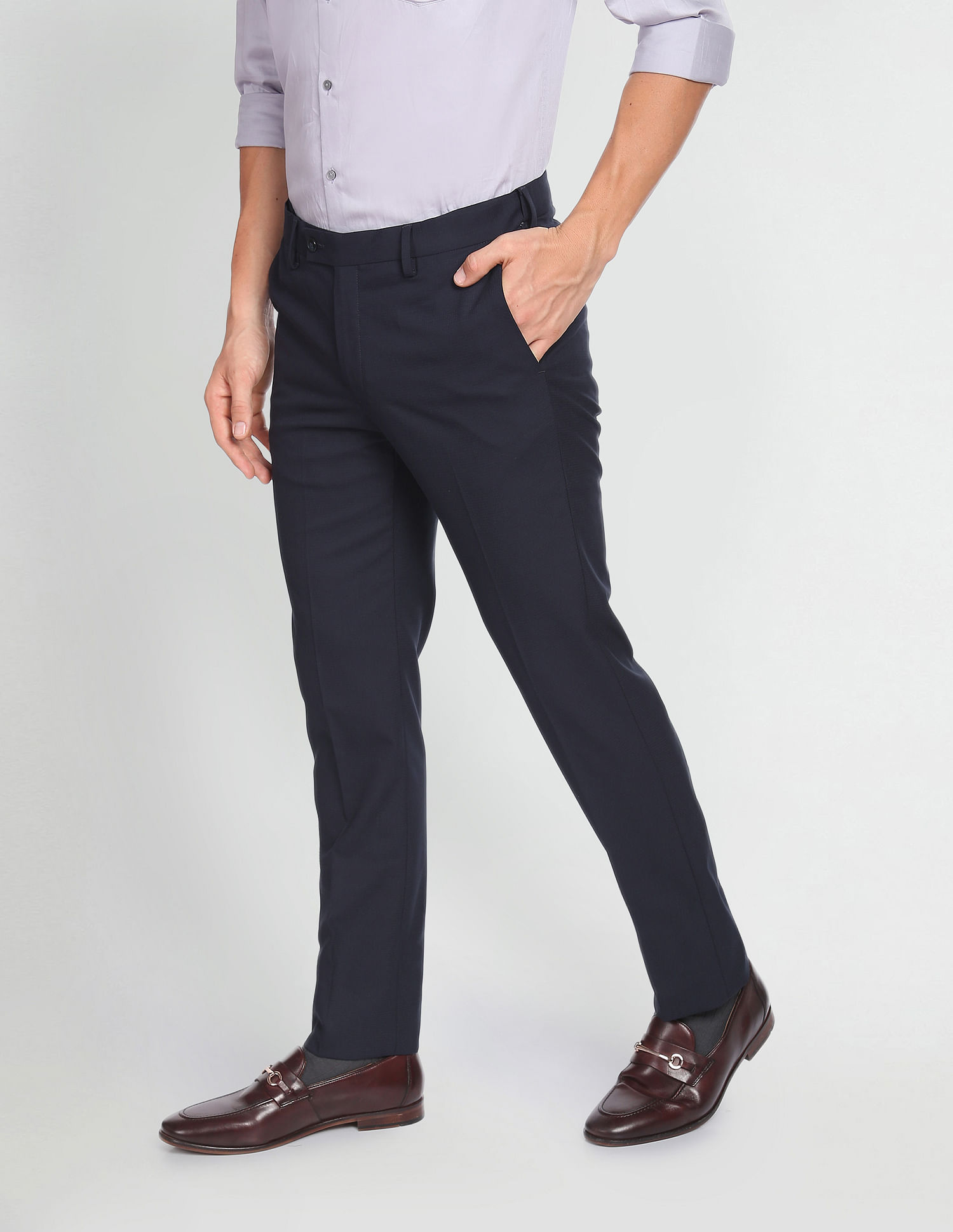 Black Tie Solid Straight Fit Formal Trousers | Vishal Mega Mart India