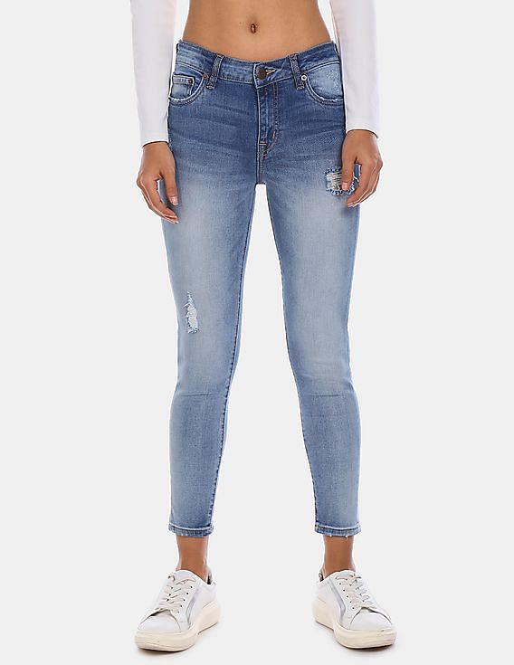 Aeropostale Women Blue Mid Rise Medium Washed Distressed Jeans