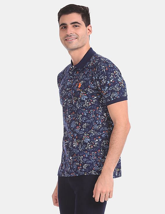 U.S. Polo Assn. Men Blue Printed Cotton Stretch Polo Shirt