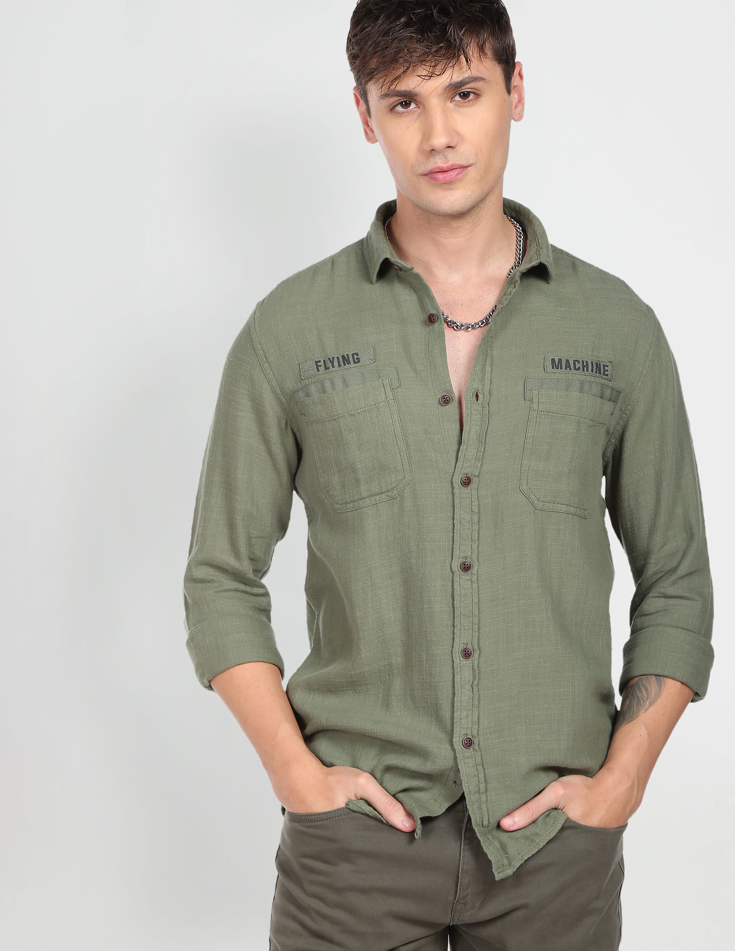 Buy Flying Machine Two Patch Pocket Herringbone Casual Shirt - NNNOW.com