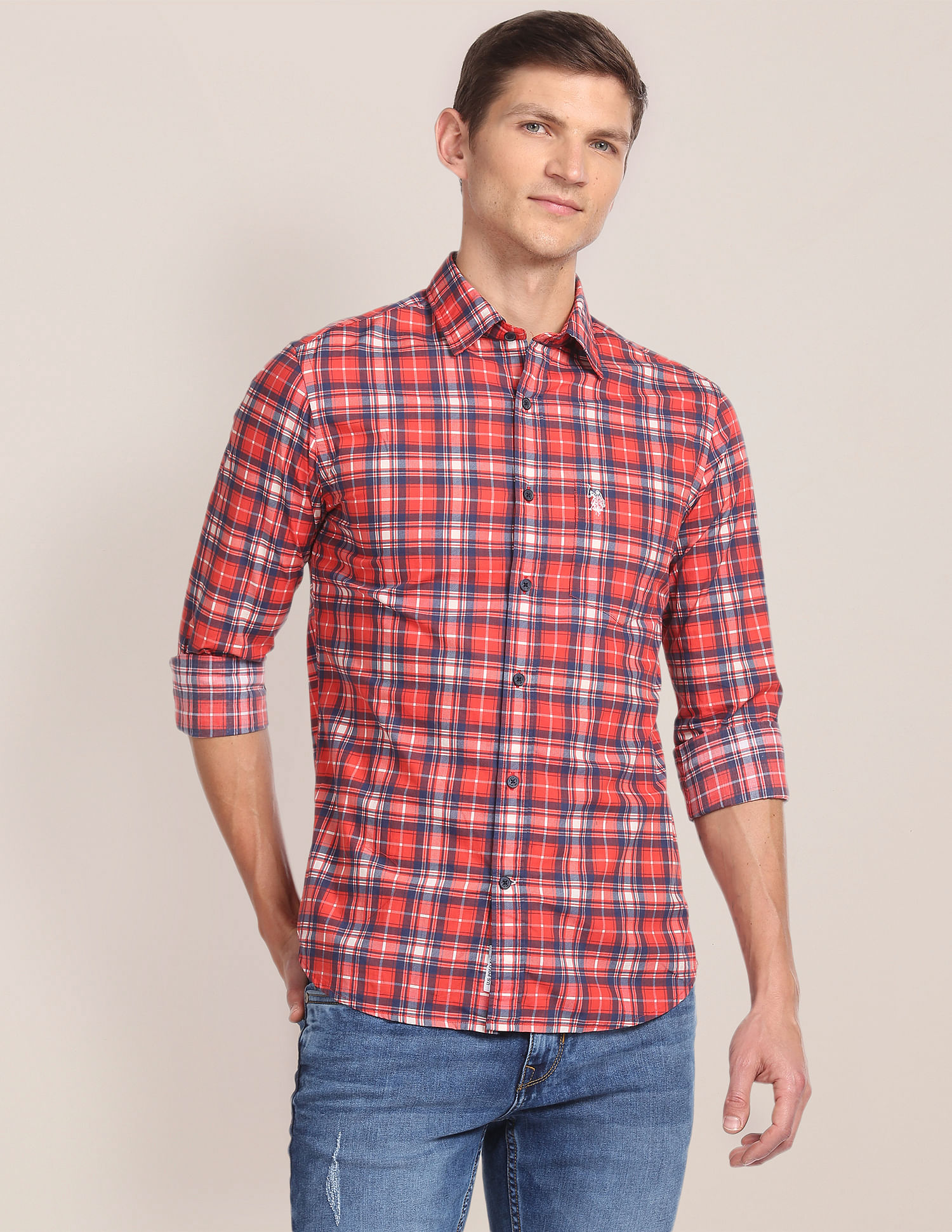 U.S. Polo Assn. Spread Collar Cotton Check Casual Shirt