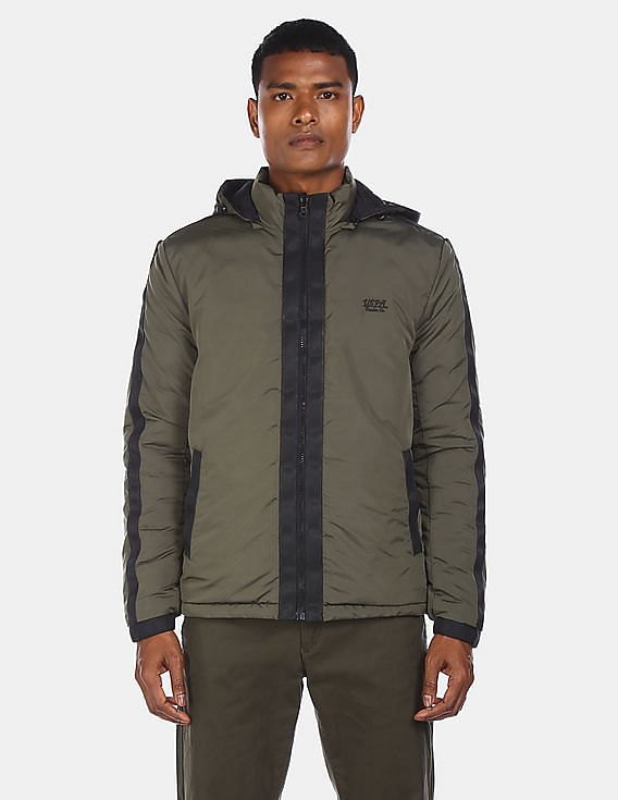 Buy U.S. Polo Assn. Men Olive And Black Zip-Up Detachable Hood