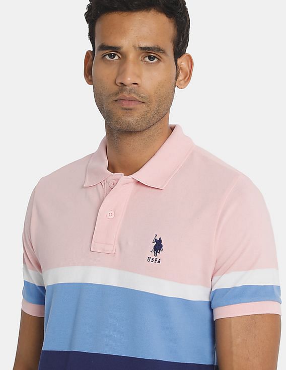 men's pink and blue polo shirt