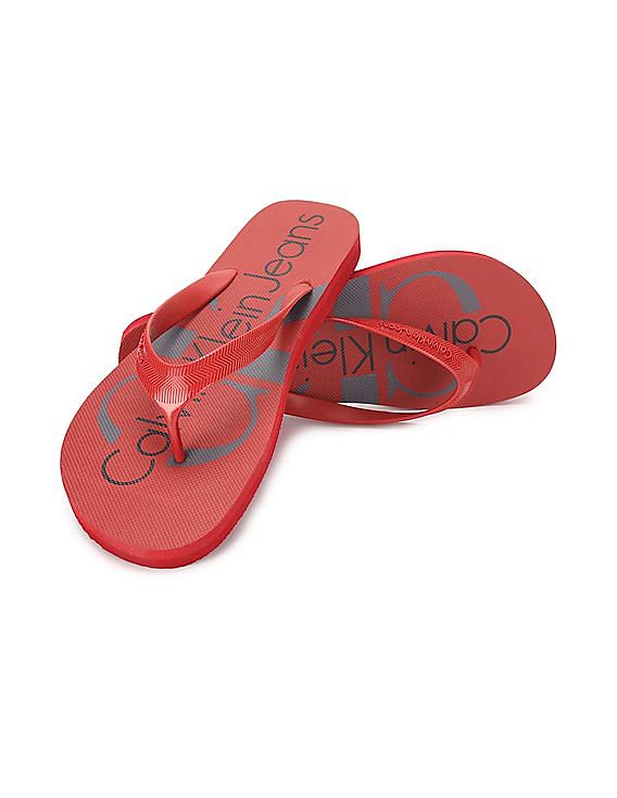 Calvin Klein Men Dark Red V-Strap Brand Print Slippers