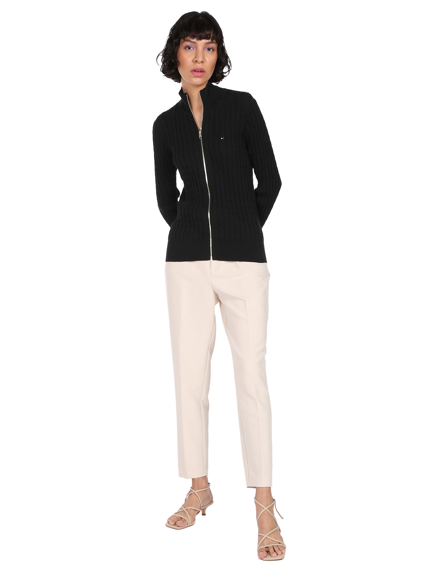 Buy Tommy Hilfiger Women Black Zip Through Cable Knit Textured 