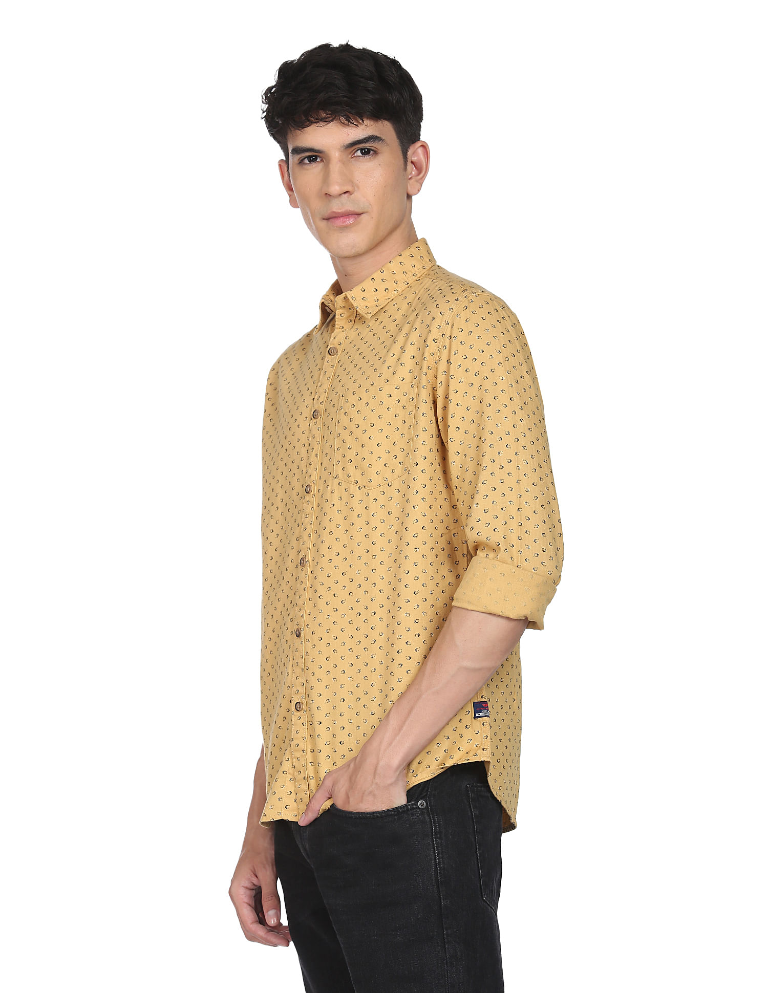 Flying Machine Herringbone Weave Geometric Print Shirt