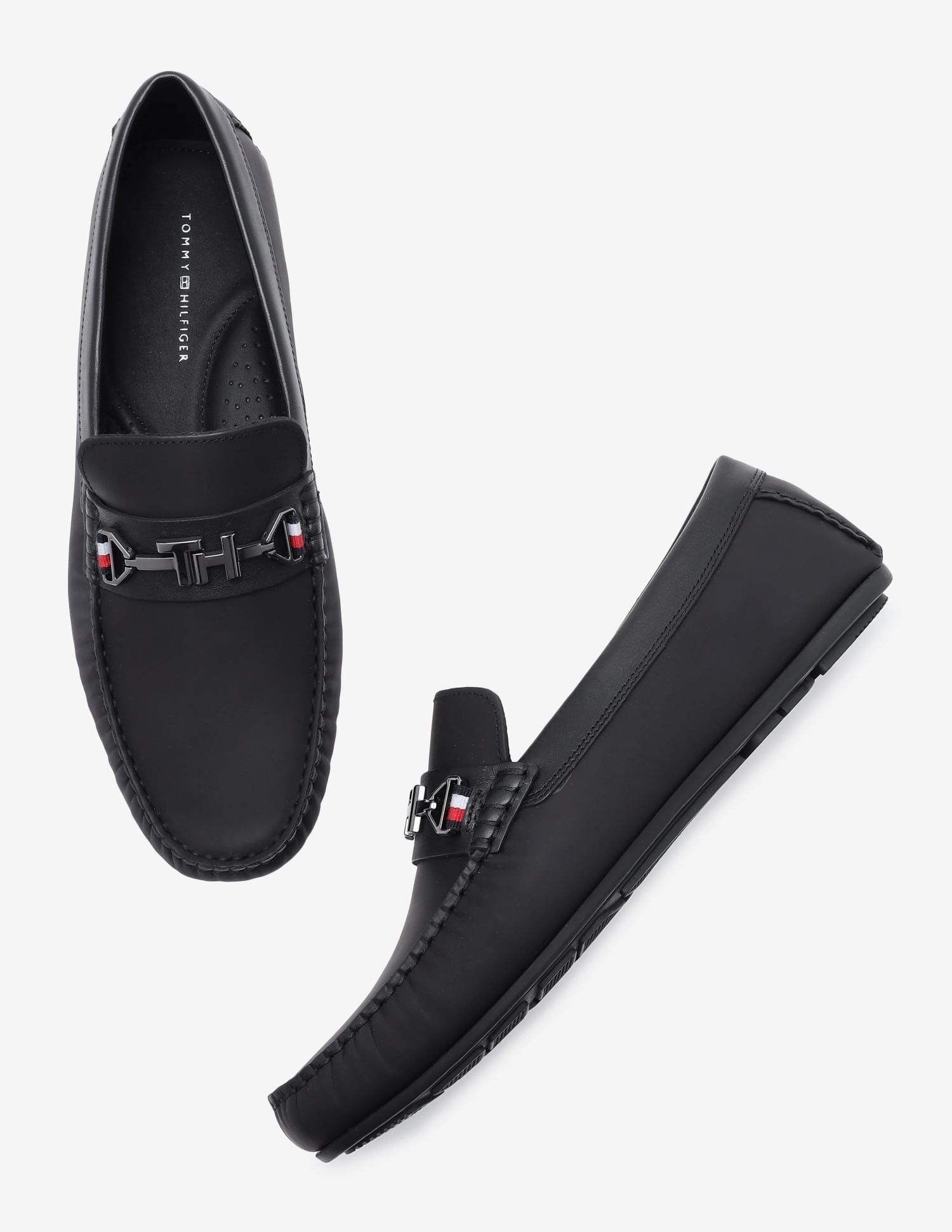 Buy Tommy Hilfiger Solid Black Leather Slip-On Shoes