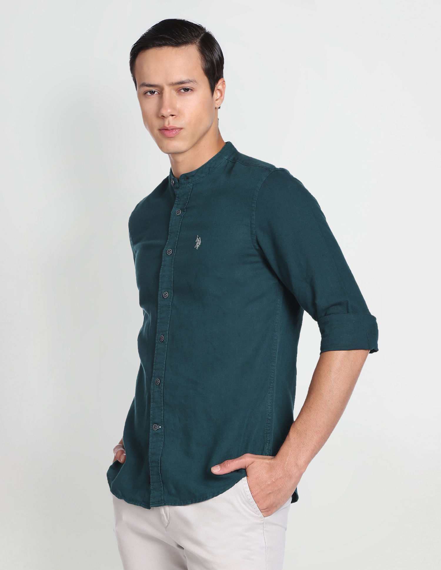U.S. Polo Assn. Denim Co. Mandarin Collar Overdyed Solid Shirt
