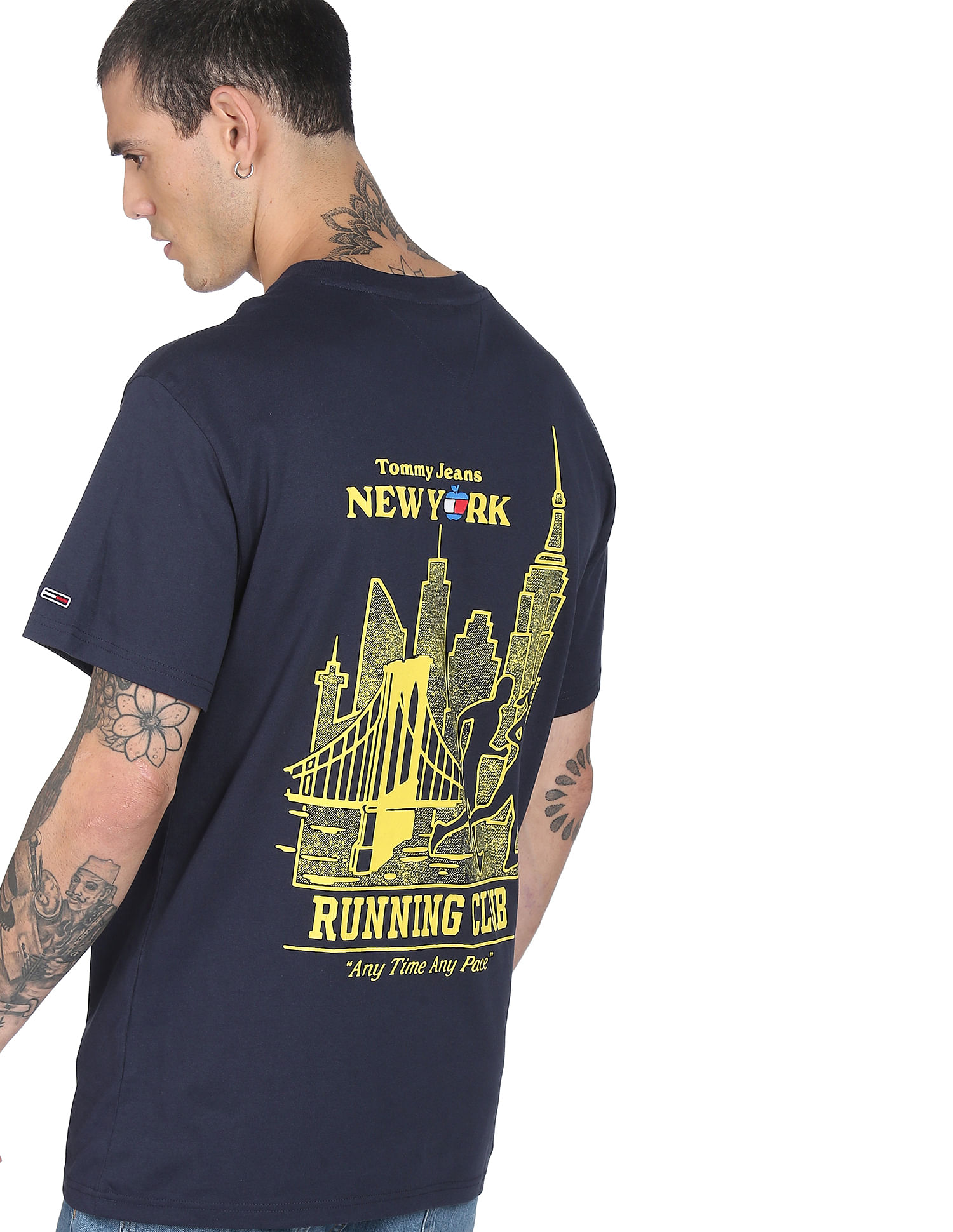 Tommy Hilfiger Men Navy Running Club Graphic Print Recycled Cotton T-Shirt