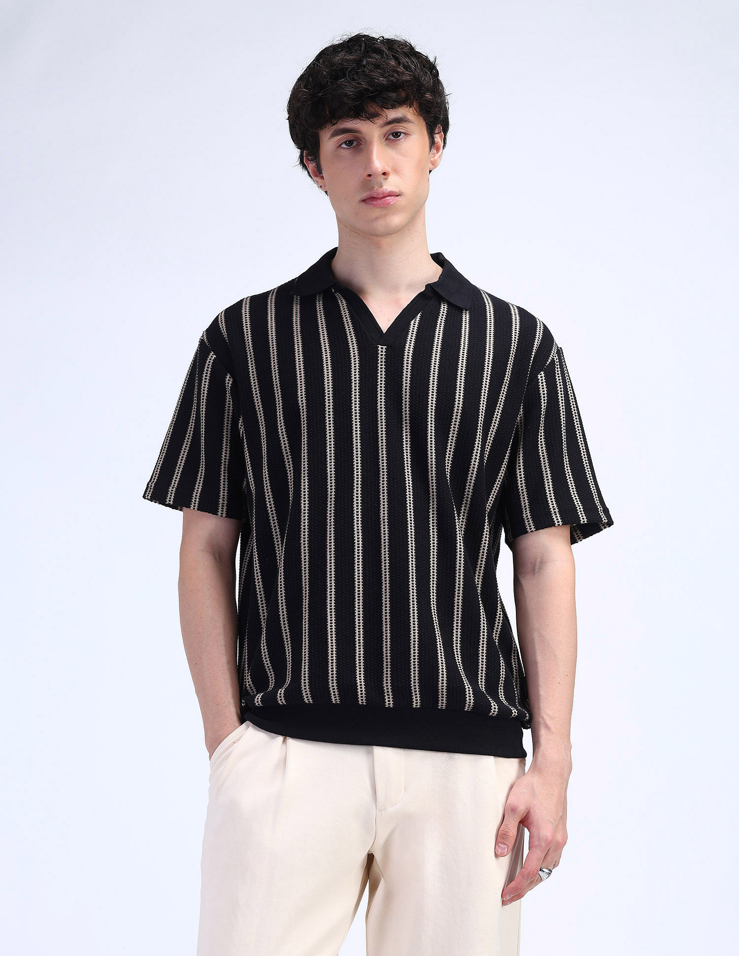 Flying Machine Vertical Striped Relaxed Polo Shirt