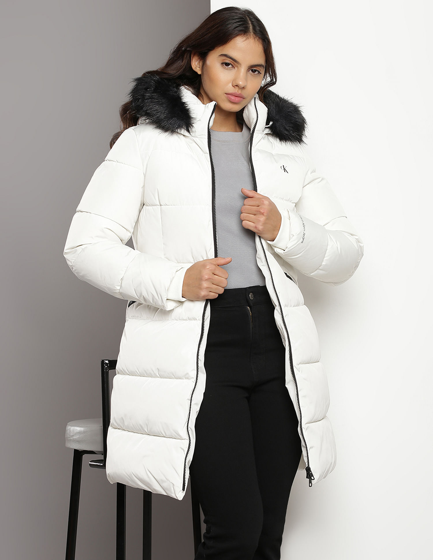 Buy Calvin Klein Faux Fur Hooded Fitted Long Jacket NNNOW