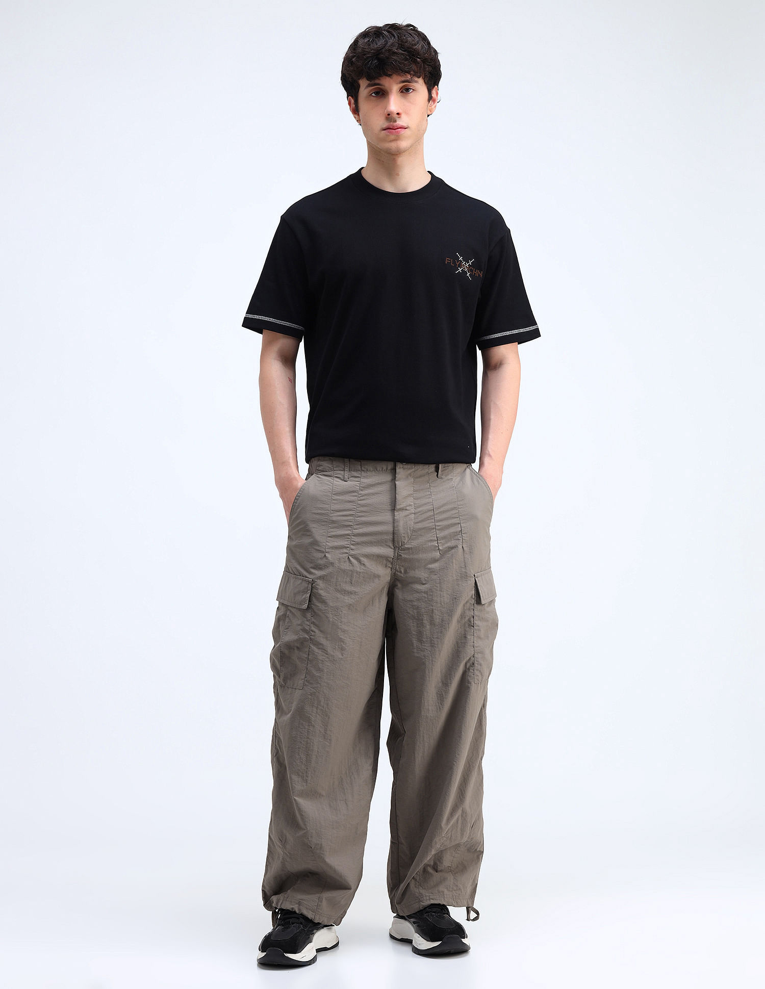 Flying Machine Mid Rise Solid Loose Fit Cargos