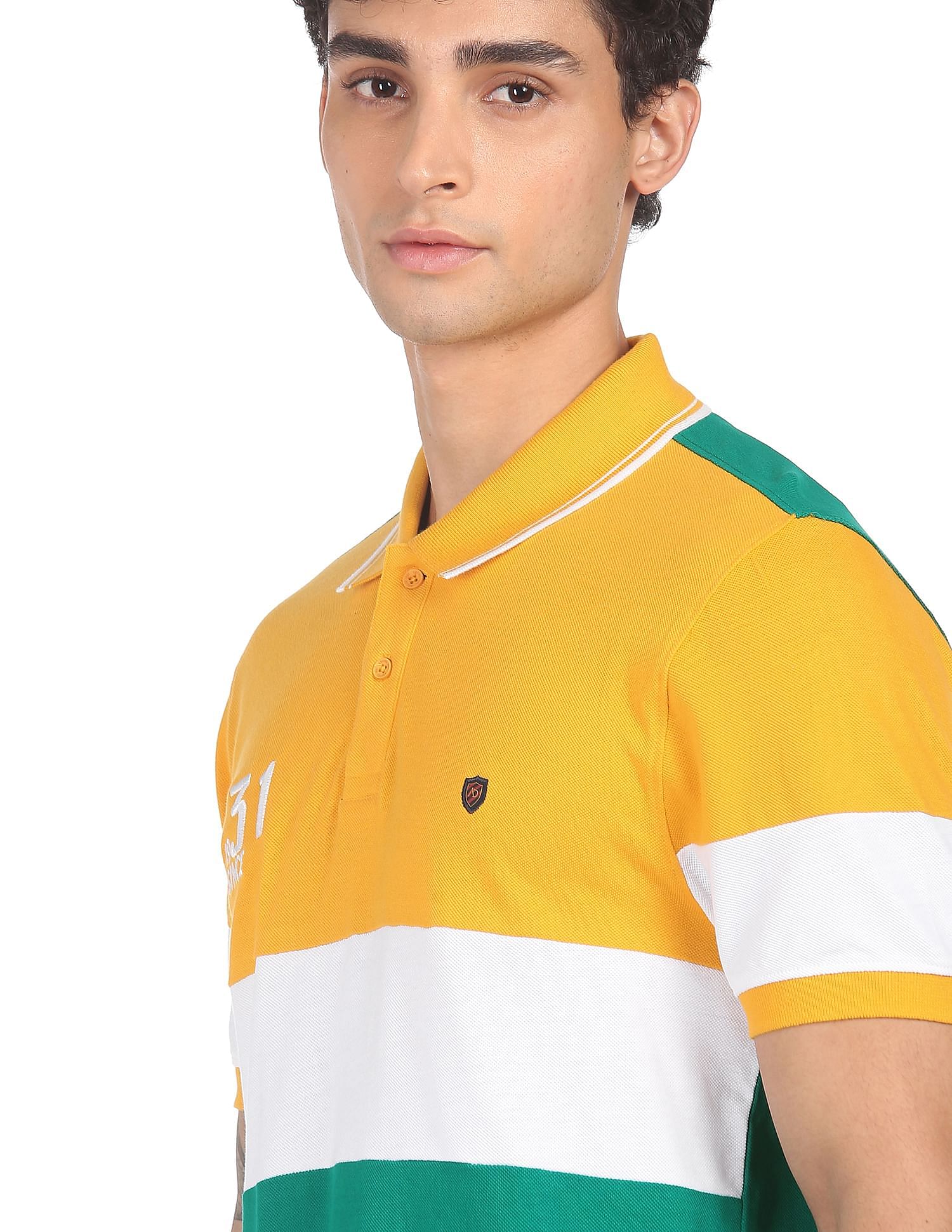 Buy AD by Arvind Men Navy And Yellow Cotton Colour Block Logo Polo Shirt -  NNNOW.com