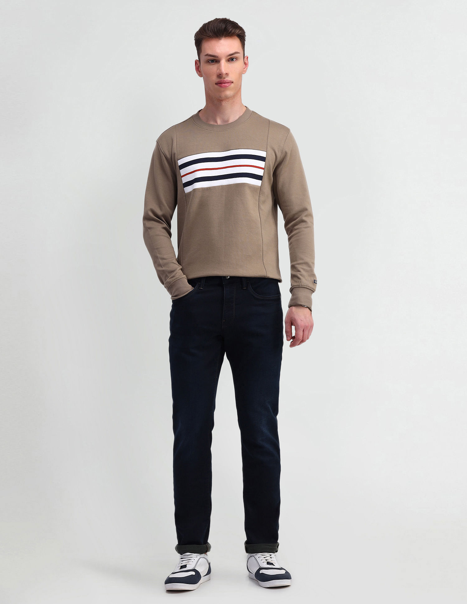 Arrow Sport Crew Neck Horizontal Striped Sweatshirt