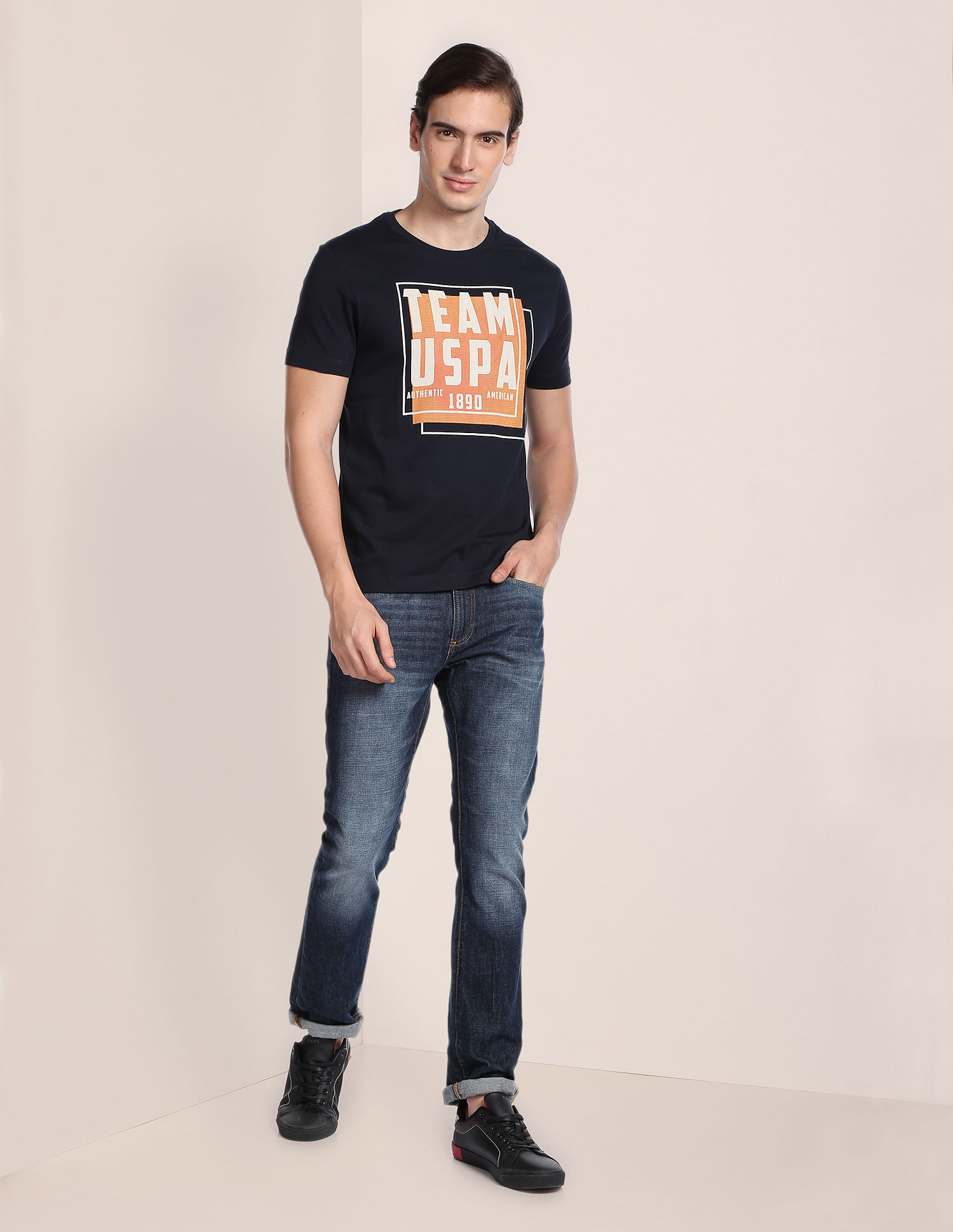 U.S. Polo Assn. Men Navy Brand Printed Cotton T-Shirt
