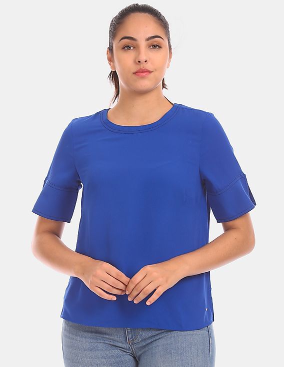 Tommy Hilfiger Women Blue Round Neck Solid Woven Top