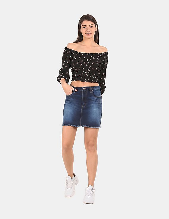 Aeropostale Women Black Printed Off Shoulder Top