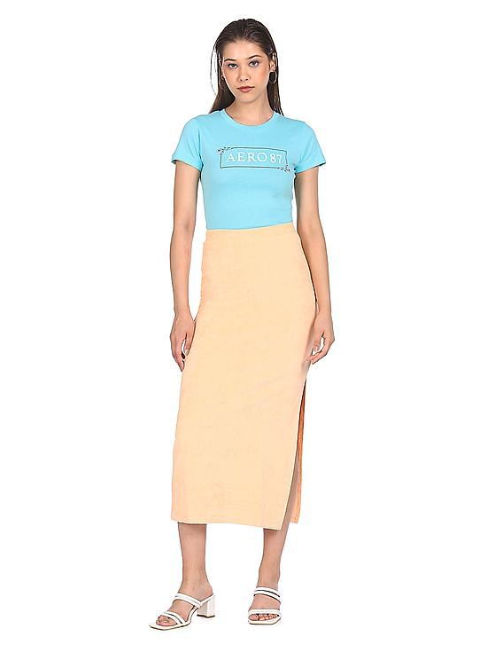 Aeropostale Women Aqua Crew Neck Brand Print T-Shirt