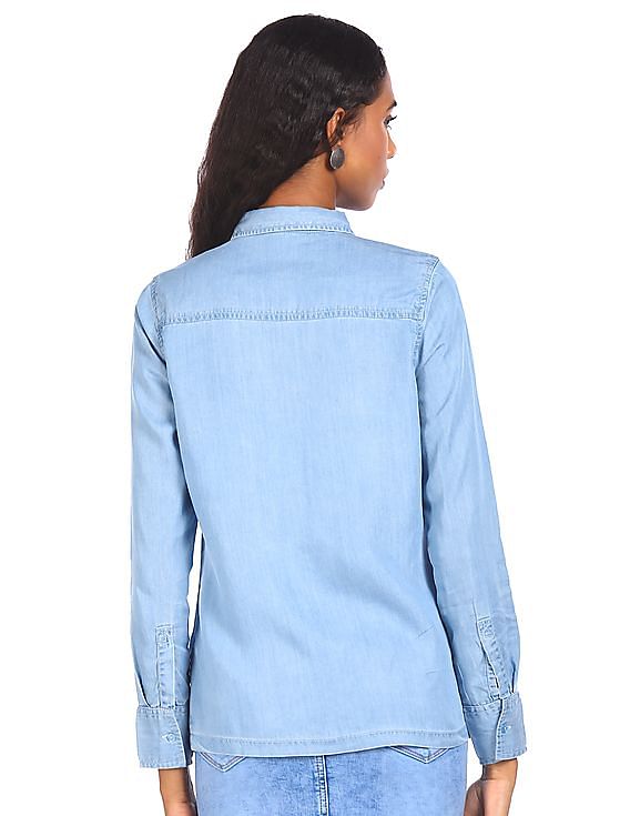 Women Light Weight Denim Shirt Long Sleeve Lapel Single Breasted Cardigan  Blue Denim Shirt for Work Spring Fall Outfit | Denim shirt dress outfit,  Long sleeve shirt outfits, Blue denim shirt