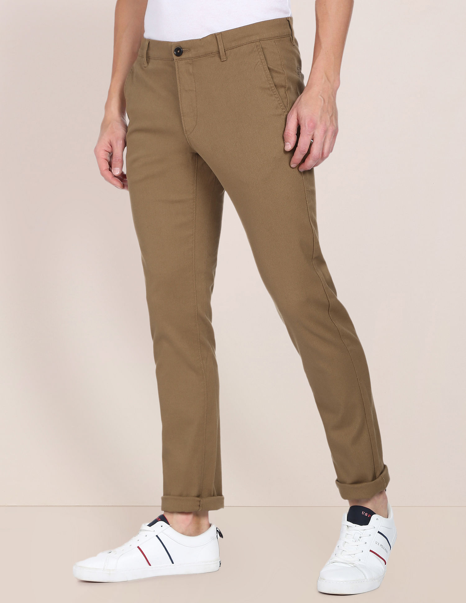 Buy US POLO ASSN Natural Solid Cotton Stretch Regular Fit Mens Trousers   Shoppers Stop