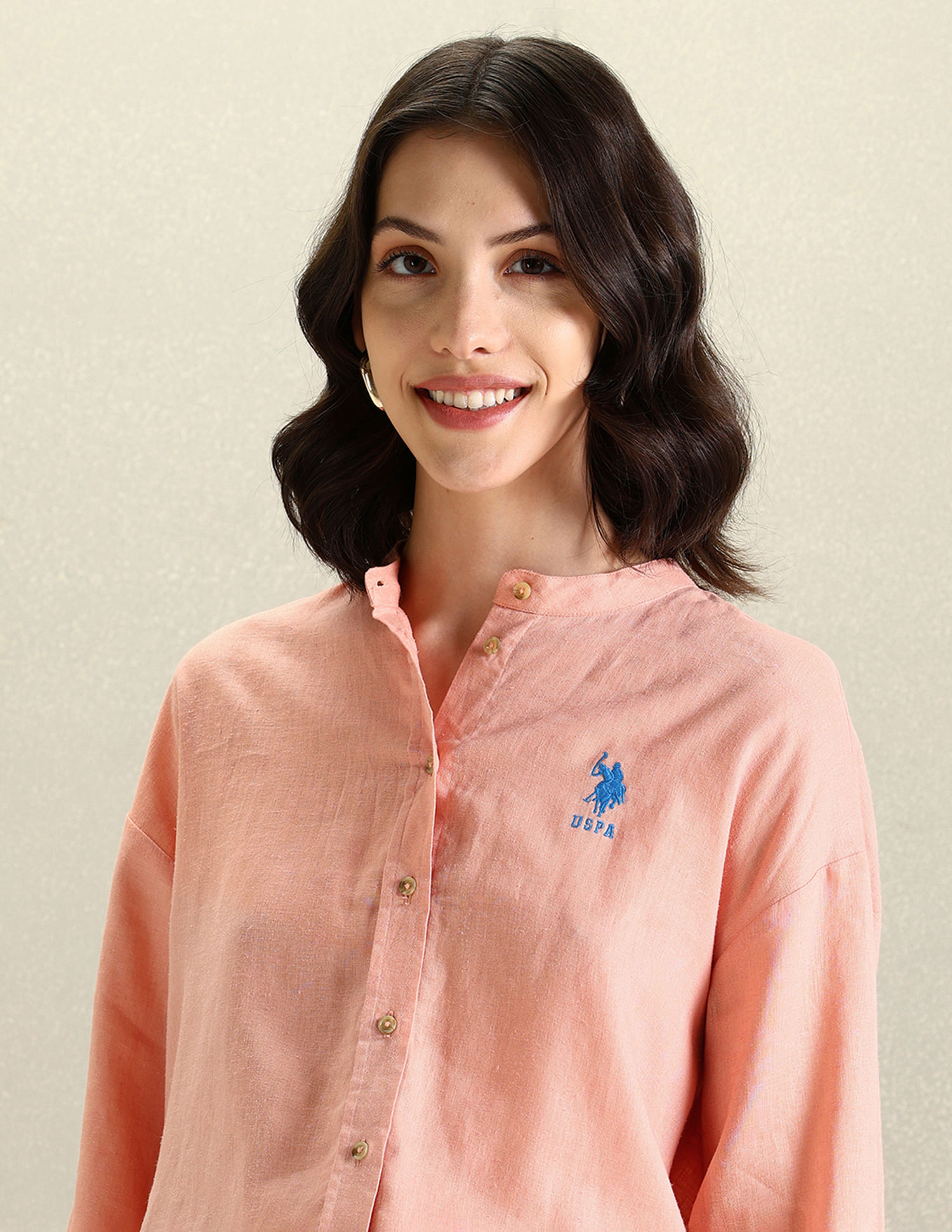 Buy U.S. Polo Assn. Women Mandarin Collar Viscose Linen Shirt - NNNOW.com