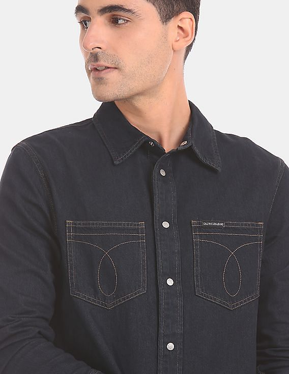 Calvin Klein Men Dark Blue Long Sleeve Utility Denim Casual Shirt