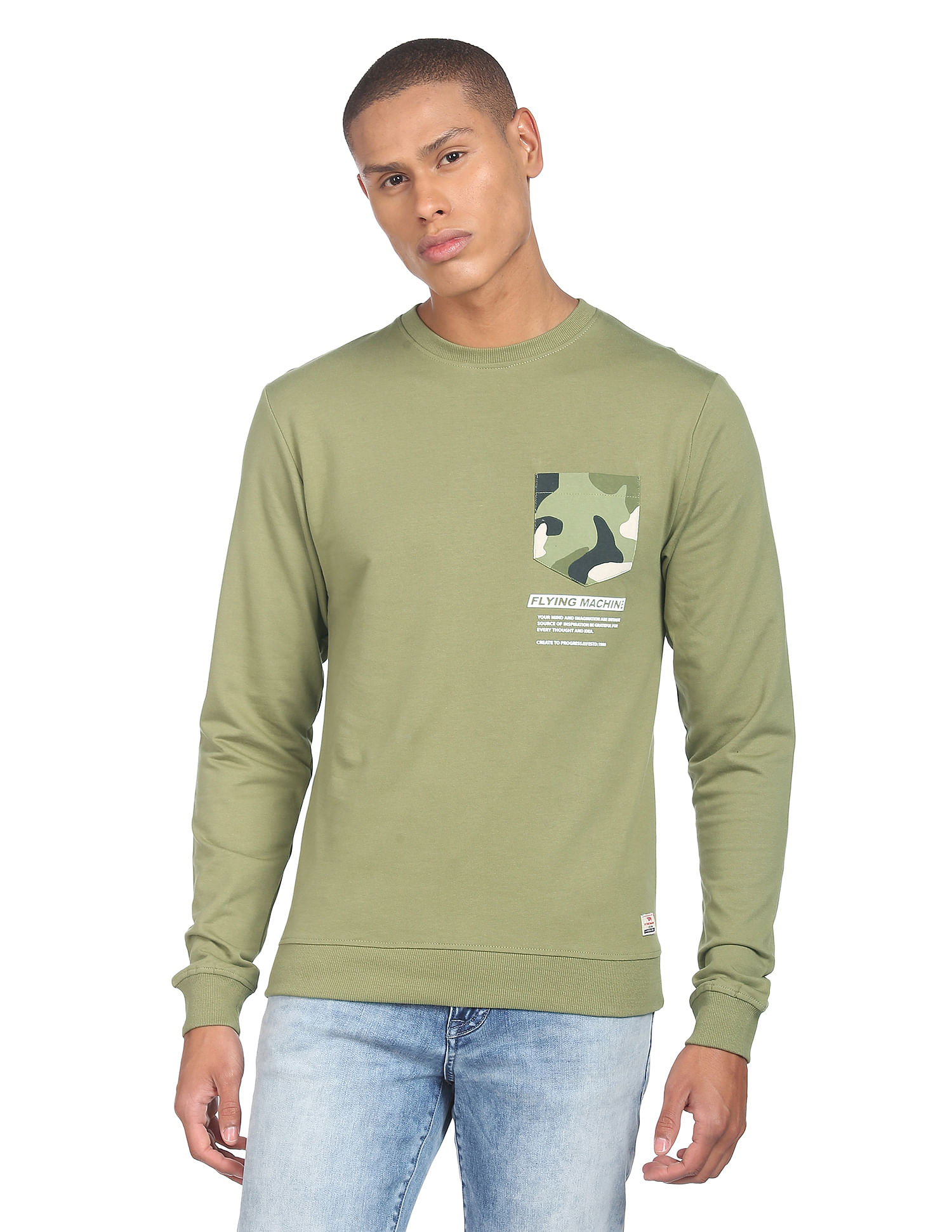 Flying Machine Typographic Print Patch Pocket Sweatshirt