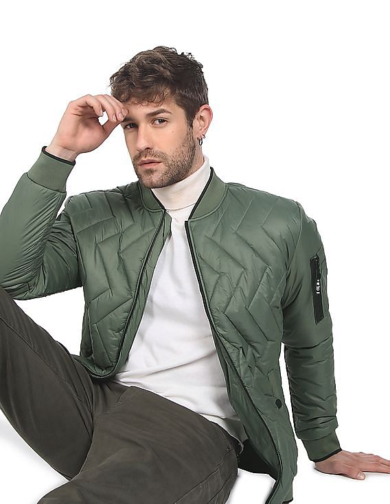 Flying Machine Stand Collar Solid Quilted Jacket