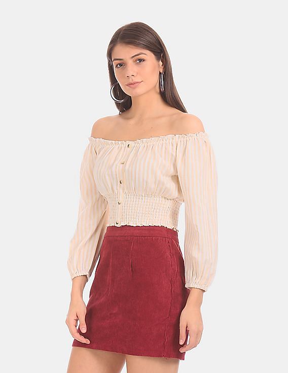 Aeropostale Women Beige And White Striped Off-Shoulder Top
