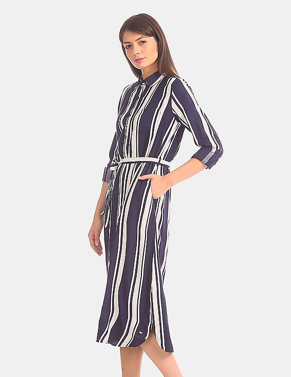 Belted Ruffle Stripe Shirt Dress