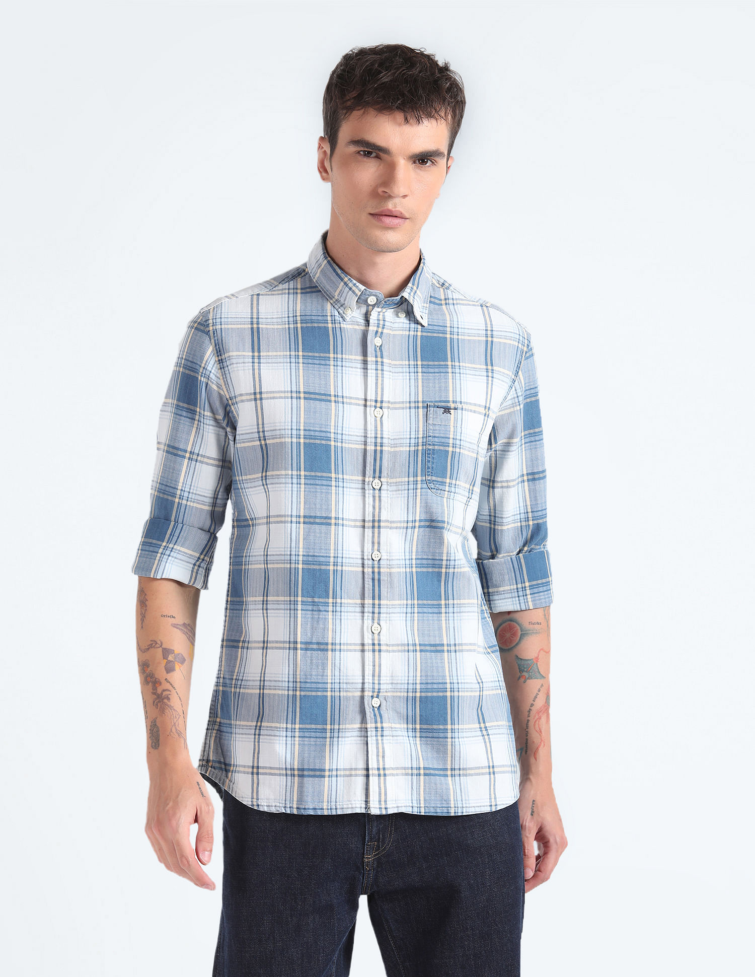 Flying Machine Tartan Check Herringbone Shirt