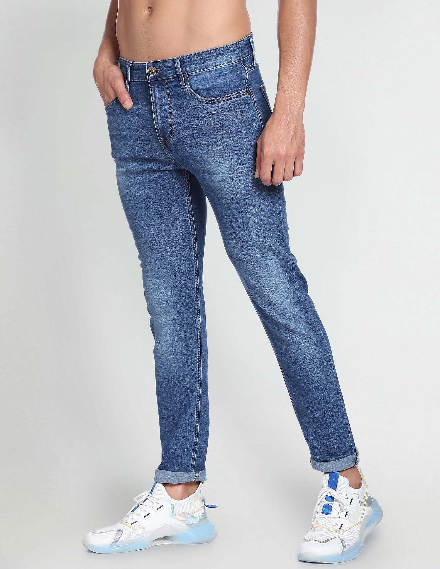 Flying Machine Mid Rise Stone Wash Whiskered Jeans