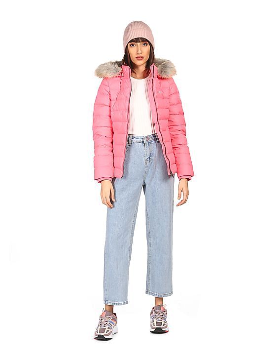 Tommy Hilfiger Women Pink Long Sleeve Solid Detachable Fur Hood Jacket