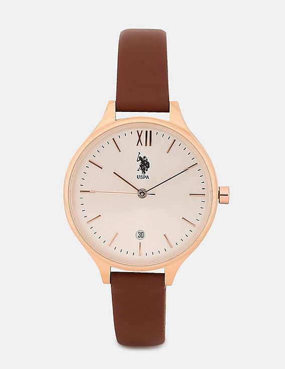 Buy . Polo Assn. Women Brown Leather Strap Analog Watch 