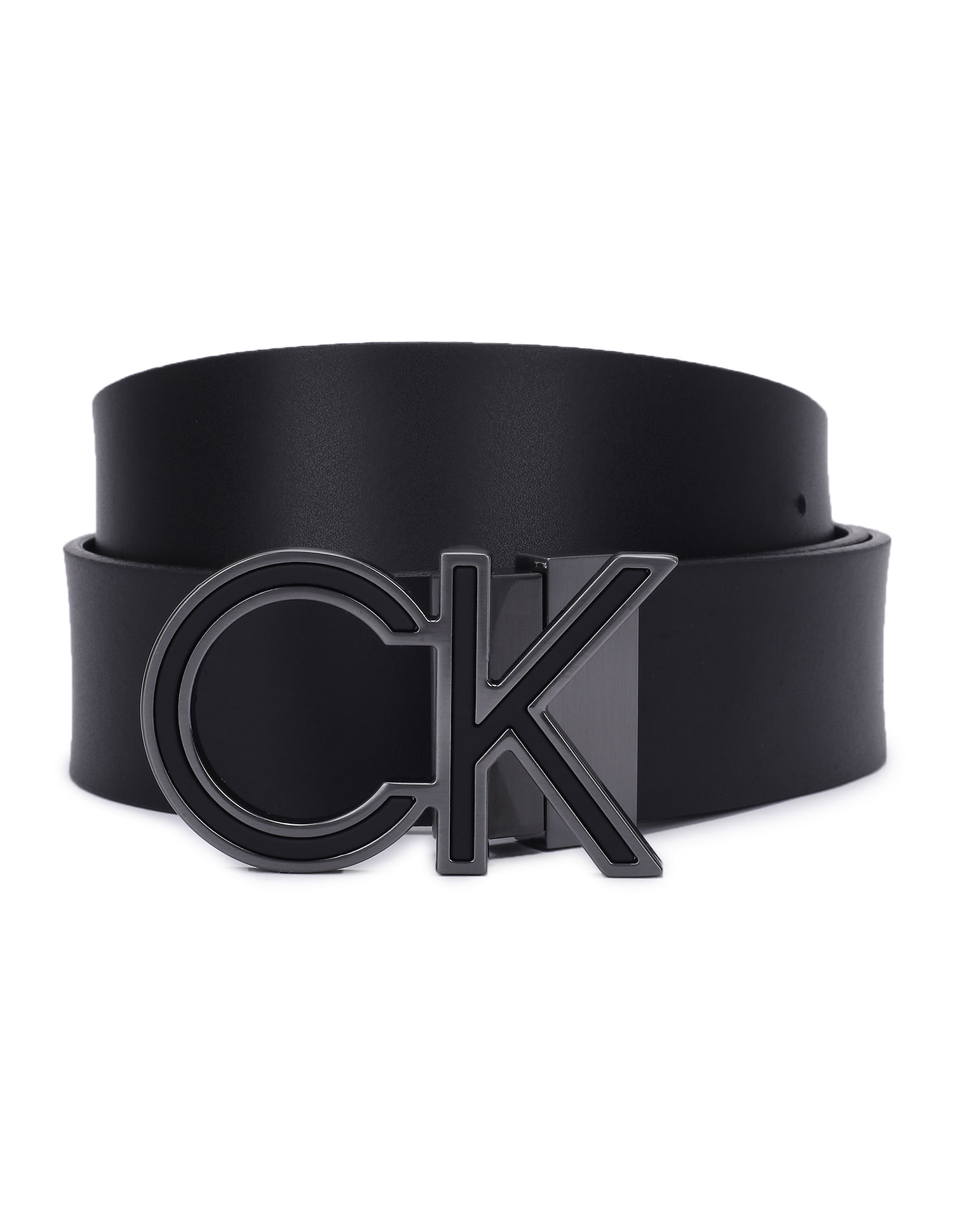 Buy Calvin Klein Men Black Monogram Buckle Solid Leather Belt 